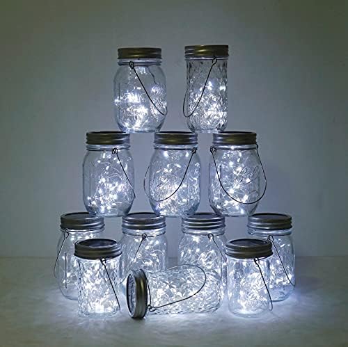 Solar Mason Jar Lights, 12 Pack 30 LED Fairy Star Firefly String Lids Lights with 12 Hangers for Patio Yard Garden Party Wedding Christmas Decoration(Jars Not Included) (12 Pack, Cool White) by Decorman