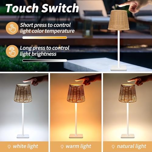 Mr.White Set of 2 Waterproof Outdoor Rechargeable Cordless Table Lamp with Wicker Shade, for Patio Restaurant Kitchen (White) - Image 4