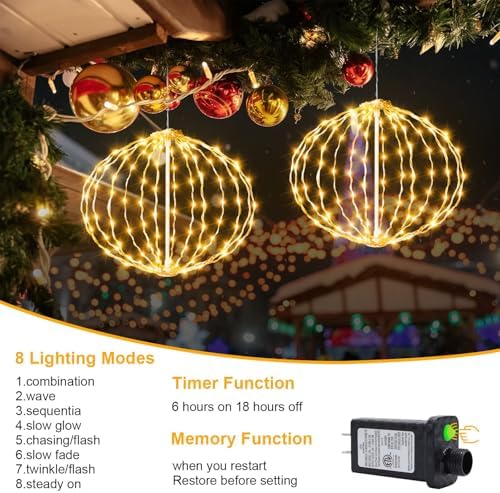led String Lights Outdoor, 2 Pack, 8in Globe,162 LEDs Expandable Hanging Ball Lights with 8 Modes,Timer,IP65 Waterproof Connectable for Porch, Yard,Roof Indoor Home Decor Warm White - Image 3