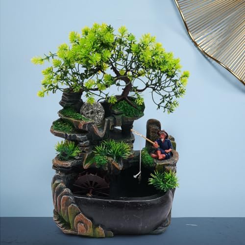 Tabletop Fountain Rockery Waterfall, Desktop Miniature Rockery Crafts with Plants Stones LED Lamp for Home Office and Bedroom Study Room - Image 2