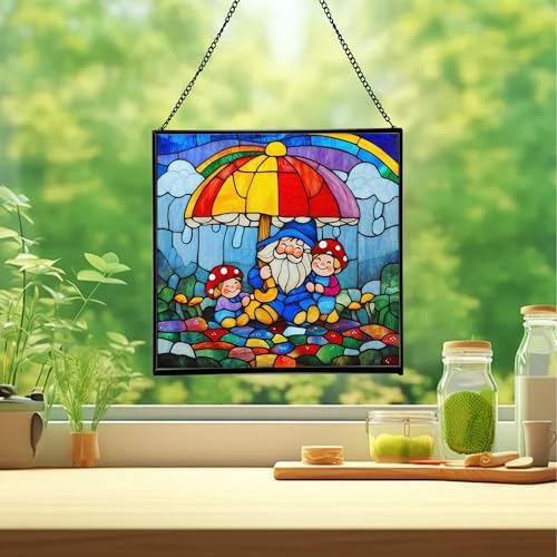 Gnome with Umbrella Stained Glass Suncatcher – Square Hanging Window Panel for Home, Garden, Nursery, Halloween, Christmas, Memorial Day – Whimsical Glass Art Gift for Gnome Lovers ovpj1u - Image 2