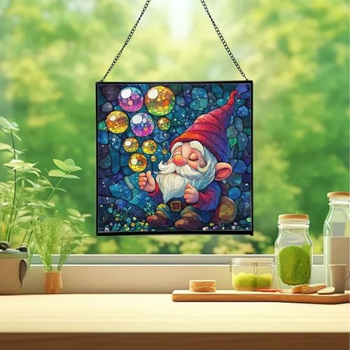 Gnome with Soap Bubbles Stained Glass Suncatcher – Square Hanging Window Panel for Home or Greenhouse – Whimsical Glass Art Gift for Garden Lovers, Christmas, Halloween, Father Days uZVOjS - Image 2