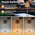 Mr.White Set of 2 Waterproof Outdoor Rechargeable Cordless Table Lamp with Wicker Shade, for Patio Restaurant Kitchen (Gold) - Image 2