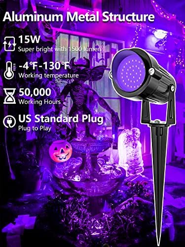 ZUCKEO 15W Halloween Blacklight Spotlight Outdoor LED Black Lights Waterproof Landscape Lighting with US Plug for Glow Dancing Party Body Painting Neon Poster Christmas Decorations(2Pack) - Image 2