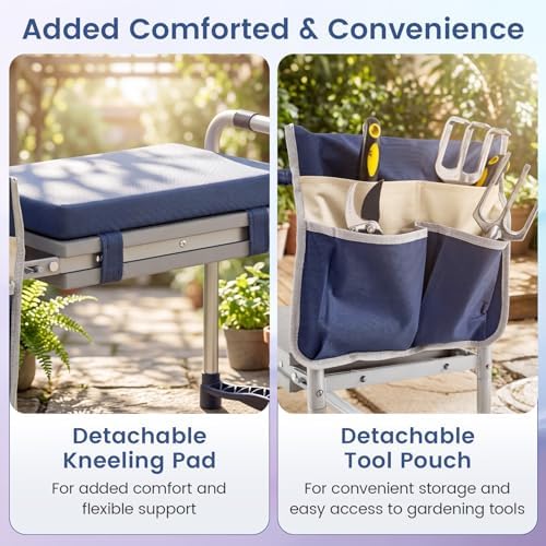 2-in-1 Garden Kneeler and Seat, Folding Garden Seat w/EVA Foam Kneeling Pad & Removable Tools Pouch, Sturdy Steel Frame, No Assembly, Portable Heavy Duty Garden Stool w/Detachable Armrests - Image 5