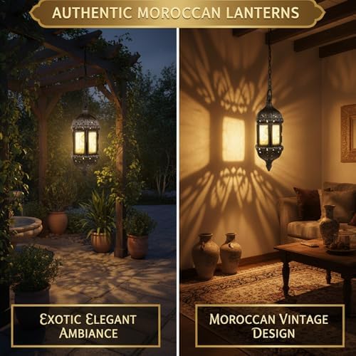 2Pcs Moroccan Lantern, Hollow Vintage Hanging Candle Lantern Metal Ramadan Decorations for Home Indoor Outdoor - Image 4