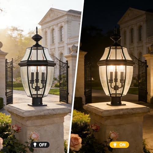 Kalium Outdoor Post Lights, 3 Light Lamp Post Light Fixture Hardwired with Clear Beveled Glass, 23" Large Waterproof Lamp Pillar Fixtures for Yard Pathway Porch Patio 60W Matte Black - Image 4