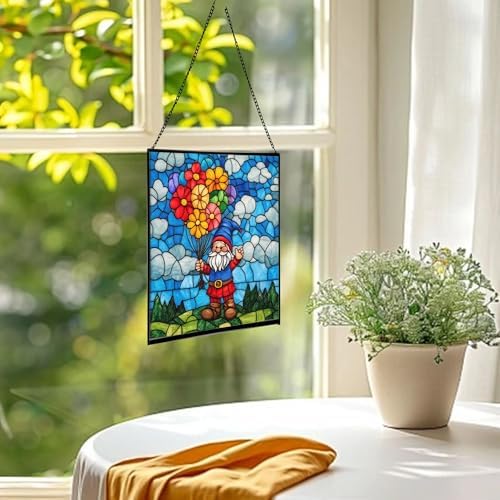 Balloon Bouquet Gnome Stained Glass Suncatcher – Square Hanging Window Panel for Home or Greenhouse – Whimsical Glass Art Gift for Garden Lovers, Christmas, Halloween, Father Days 6StD07 - Image 3