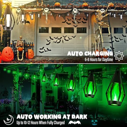 iBaycon 42FT 15 LED Solar Flame Halloween String Lights Outdoor, Green - Image 4