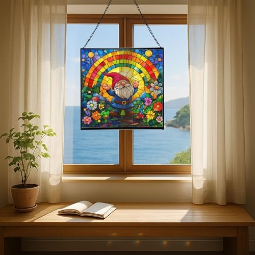 Gnome Under Rainbow Arch Stained Glass Suncatcher – Square Hanging Window Panel for Home or Greenhouse – Whimsical Glass Art Gift for Garden Lovers, Christmas, Halloween, Father Days EA6rv4 - Image 6