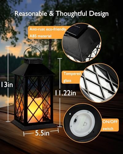 Homemory 2 Pack 13'' Black Solar Lanterns, Flickering Flame Hanging Lights - Image 5