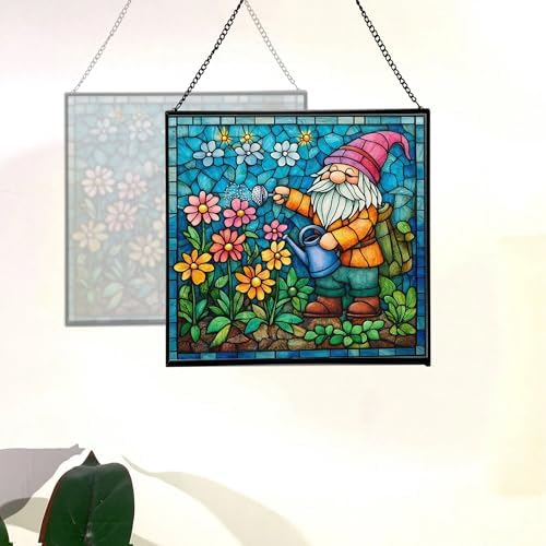 Gnome with Watering Pot Stained Glass Suncatcher – Square Hanging Window Panel for Home or Greenhouse – Whimsical Glass Art Gift for Garden Lovers, Christmas, Halloween, Father Days kgoPbt - Image 4