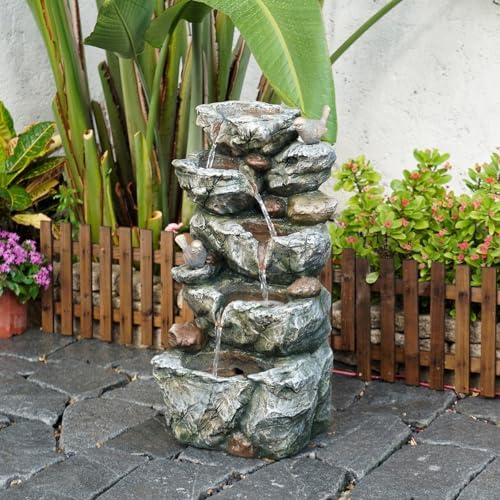 Outdoor Indoor Bird Water Fountain 5-Tier Cascading Rock Waterfall with LED - Image 4