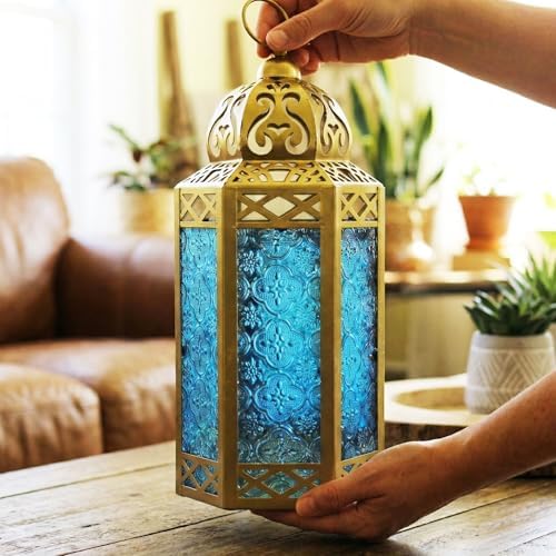 Vela Lanterns 12" Metal Moroccan Decorative Candle Lantern Holders for Hanging or Table, Indoor Home Decor, Outdoor Patio or Porch, Weddings, Gold, Blue Glass, Large - Image 6