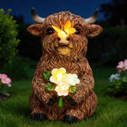 Solar Highland Cow Outdoor Statue, Garden Sculpture with Lighted Butterfly by Unknown