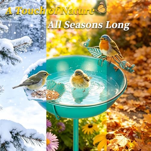 Mellbree Bird Bath for Outside 13", Metal Freestanding 13" Dia 39" H Lake Blue Gold Gilding Birdbath with Perch & Feeder Bowl, Multi-Functional for Garden Patio Yard Lawn Outdoor Decor - Image 5