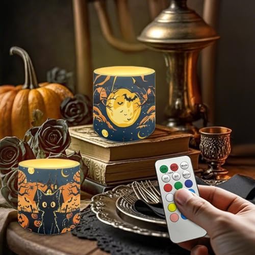 Pack of 4 Flameless Candles Halloween Battery Operated Candles with Remote and Timer Flickering LED Elictric Pillar Tealights for Indoor Outdoor Party Decorations, Pumpkin Black Cat - Image 3