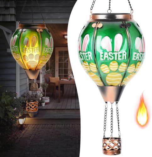 Easter Hot Air Balloon Solar Lantern - Bunny Glass Lantern, Simulated Flickering & Dancing Flame, Outdoor Hanging Yard Light Waterproof IP65 for Patio Lawn Porch Decor Rabbit Gift by Unknown