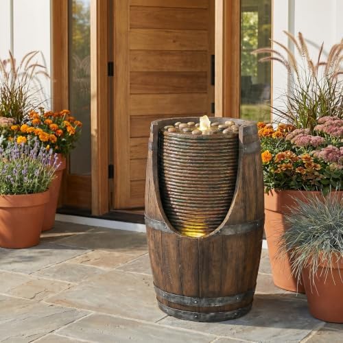 24.8 Inch Outdoor Water Fountain, Barrel Resin Cascading Water Feature with Warm LED Lights, Quiet Pump for Patio Garden Porch - Image 4