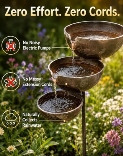 Rain CatcherBird Bath, Antique Bronze Metal Water Bowls Bird Bath and Bee Watering Station, Decorative Flower Bed Rainwater Collector for Outdoor Yard Art Decor (Copper 2pcs) - Image 4
