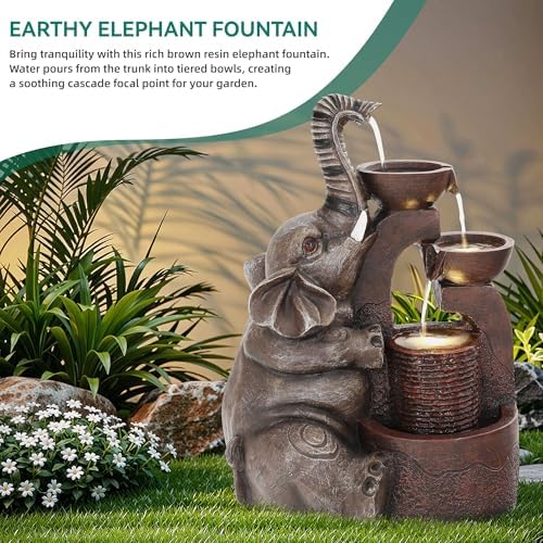 20" Elephant Outdoor Fountain LED 3-Tier Waterfall, Bronze - Image 4