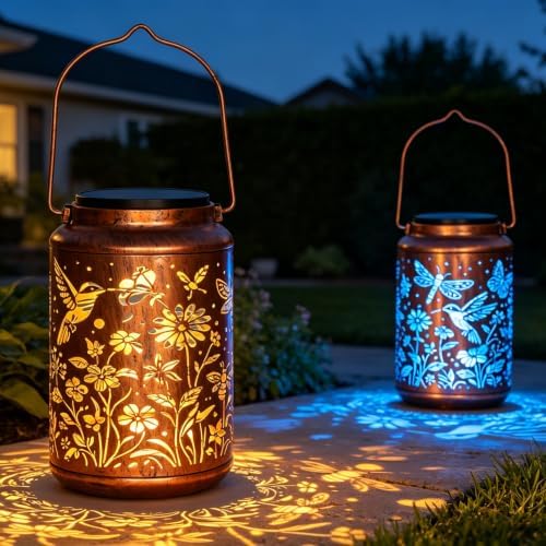 Solar Hanging Lanterns Outdoor Waterproof, 2 Pack Metal Decorative Lights by HGRXIJtz