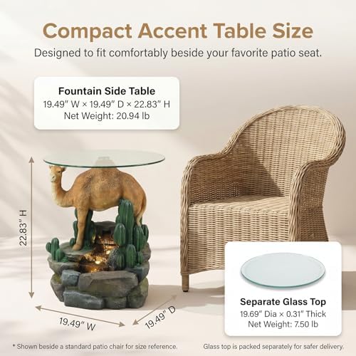 Modern Indoor Water Fountain with Glass Table, 22.8" H Outdoor Water Fountain LED Lighted Camel Fountain with Table, Water Feature for Garden, Deck, Living Room, Bedroom, Office Décor - Image 3