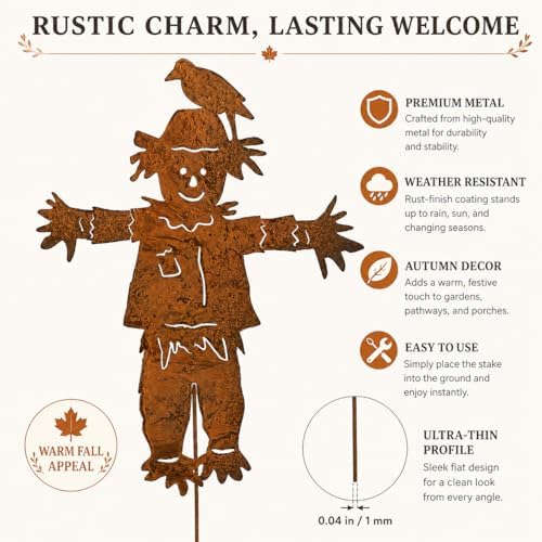 Rust Finish Metal Scarecrow Garden Stake, 27.4 Inch Fall Yard Art Decor, Flat Outdoor Lawn Ornament for Planters Flower Beds Patio - Image 3