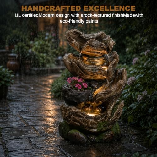 25.2" H Water Fountain Outdoor with LED Lights and Built-in Planter, Garden Water Feature with Tree Trunk Design for Patio Backyard Porch Decor - Image 6