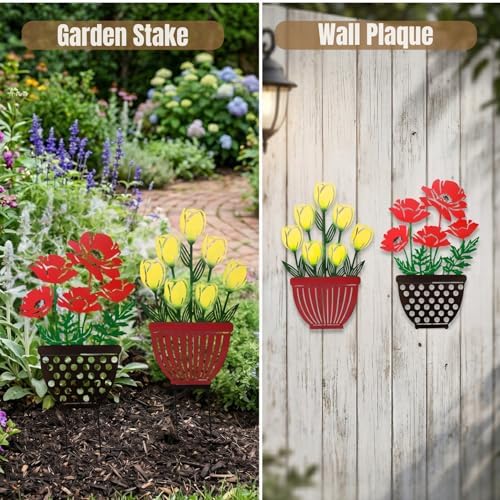 2-Way Metal Poppy and Tulip Garden Stake and Wall Plaque, Multicolor - Image 3