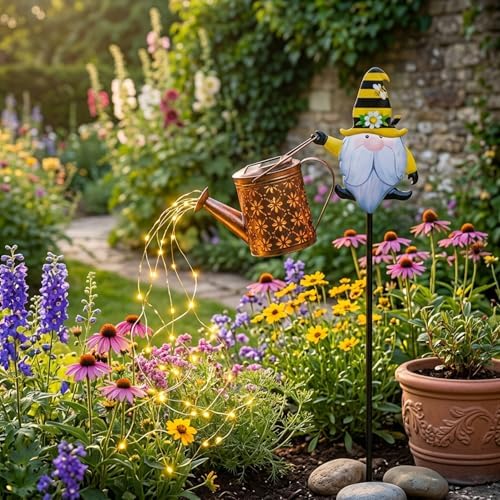 32 Inch Automatic Outdoor Solar Watering Can with Warm LEDs, Weather-Resistant Yard Decor, Gnome - Image 7