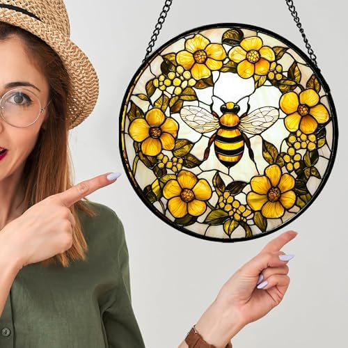 Bee Wreath Stained Glass Window Hanging Suncatcher Gifts for Women 12" - Image 3