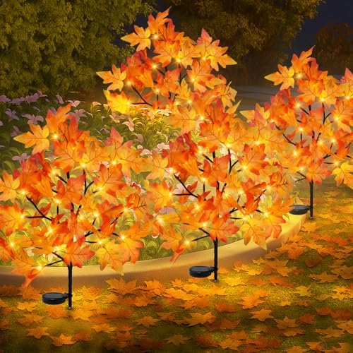 Uieke 4 Pack Solar Fall Lights Outdoor Decorative, 80LED Fall Solar Stake Lights Outdoor with 8 Modes & Timer Maple Leaf Pathway Lights Waterproof Thanksgiving Decorations for Yard Garden by Uieke