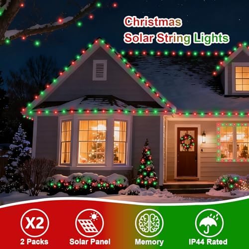 QITONG 2 Pack Red and Green Solar Christmas Lights, Each 66ft 200 LED Solar String Lights Outdoor Waterproof, 8 Modes Solar Twinkle Light for Outside - Image 3