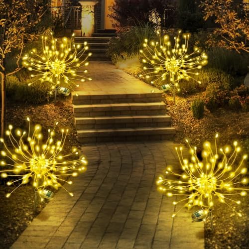 Anordsem Solar Garden Lights Outdoor: 4 Pack Bendable Copper Wire with 120 LED Twinkling Firework - Waterproof DIY Warm Fairy Decorative Yard Patio - Gardening Gifts for Parents Homeowner by Anordsem