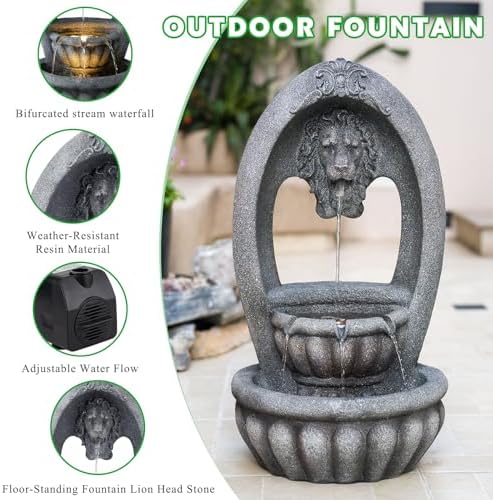 Lion Head 2-Tier Outdoor Water Fountain, Resin & LED, 31.1 in - Image 5