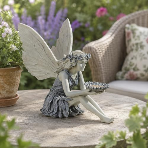Resin Fairy Bird Feeder Statue, Sitting Winged Girl Garden Figurine with Flower-Shaped Bowl, Gray Outdoor Yard Patio and Porch Decor, 1 Pack - Image 7