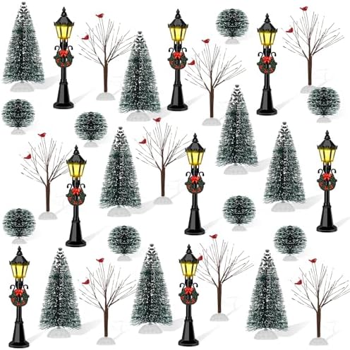 32 PCS Christmas Figurine Village Accessories, Mini Street Light Models with Brush Trees, Miniature Christmas Pathway Street Lamps Lantern Post for DIY Micro Landscape Fairy Garden by KVCSYAW