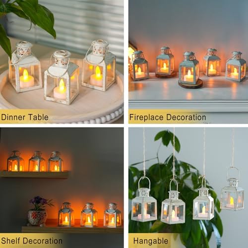 TRIROCKS 6 Pcs Small Metal Candle Lanterns Vintage Hanging House Tealight Lantern Decorative Candle Tea Light Holders for Table Valentine Patio Indoor Outdoor Gifts(White with Gold Brush) - Image 6