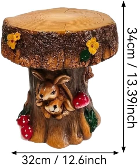 Brown Outdoor Garden Mushroom Stool with Rabbit Carvings - Image 2