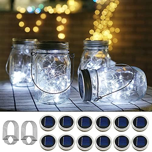 Solar Mason Jar Lights, 12 Pack 30 LED Waterproof Lid Light with Hangers (No Jar), Fairy Firefly Outdoor String Lights for Regular Mason Jar, Patio, Yard, Garden, Wedding Decoration (Cold White) by Cynzia