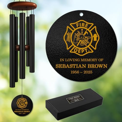 Personalized Firefighter Memorial Wind Chime – “in Loving Memory” Custom Name & Years – Golden Firefighter Emblem Tribute – Sympathy Gift for Firefighter Families, Colleagues & Everyday Heroes by AlpadilCo