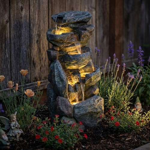 Bumilgar Water Features Outdoor Patio 6-Tier Cascading Rock Water Fountain 31.5''Water Fall Fountain Outside Resin Fountain with Light Mossy Rock Floor Garden Fountain Indoor for Relaxation Home Decor - Image 3