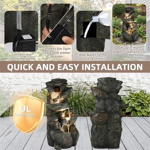 39.2" Tall Outdoor Water Fountain, 5-Tier Realistic Natural Rock Cascading Waterfall Fountain with LED Lights, Resin Garden Water Feature for Patio, Deck, Backyard and Home Art Décor - Image 5