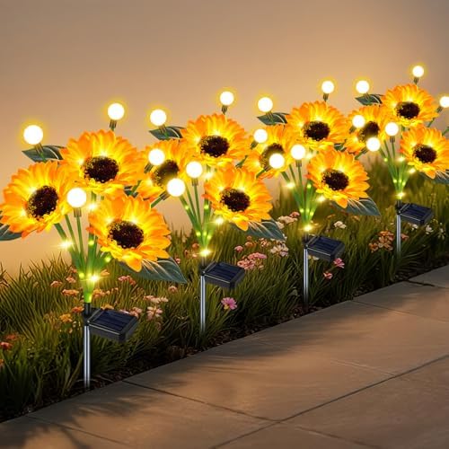 Solar Lights Outdoor Garden Decor 4 Pack Sunflower Firefly Solar Flowers by EDOF