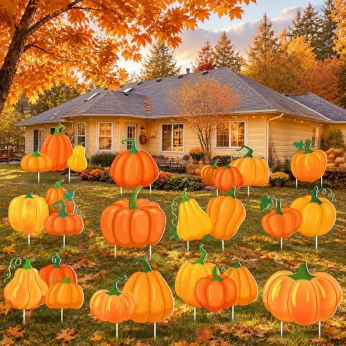 12 Pcs Thanksgiving Pumpkin Yard Sign with Stakes, Fall Garden Lawn Stakes by Sintuff