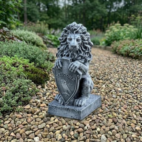 OLOMA Lion Welcome Concrete Statue Cement Guardian Figurine Outdoor Garden Sculpture Leo Handmade Decor Front Porch Entryway Patio Yard Lawn Ornament Front Door Gothic Art - Image 7