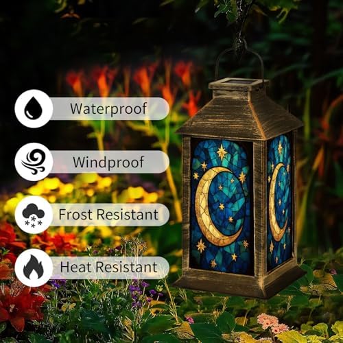 Solar Lantern Moon Stars Stained Glass Window Shades Blue Gold Outdoor Waterproof Garden Hanging Lantern Solar Powered Lighting Outside Table Lamp for Patio Deck Camping 1 Pack - Image 2