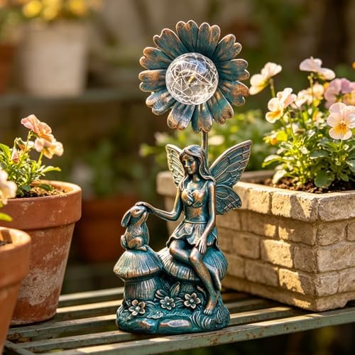Garden Solar Fairy Statue - Mushroom Seat, Touching Rabbit, Iron Flower Glass Ball, Whimsical Outdoor Ornament - Image 5