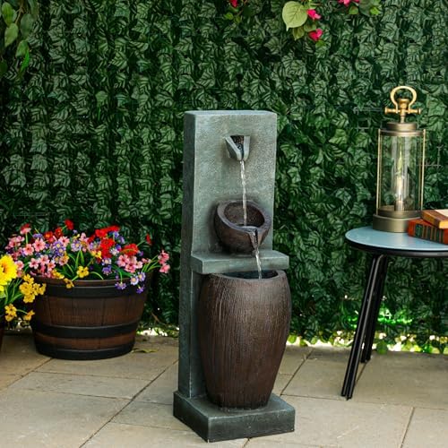 Alpine Corporation TZL388 32" 3 Tier Jar Fountain with LED Lights, Elegant Outdoor Water Feature for Garden, Patio, Backyard, Home Décor, Ceramic Water Fountain & Landscape Decorations, Gray - Image 2